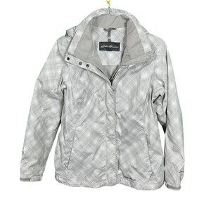 Eddie Bauer Womens Stiff Brim‎ Hooded Rain Jacket Wind Breaker Plaid Size Medium